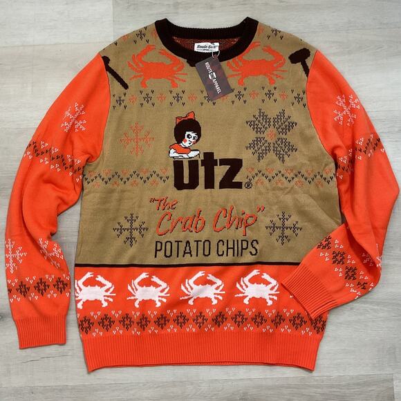 Route One Apparel Maryland Utz Crab Chips Christmas Sweater Medium NWT - Picture 1 of 11